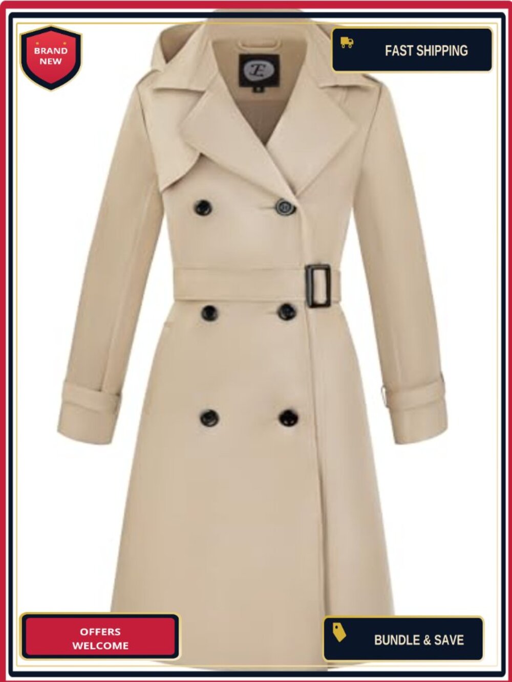 Women's Water-Resistant Knee-Length Double-Breasted Trench Coat with Removable
